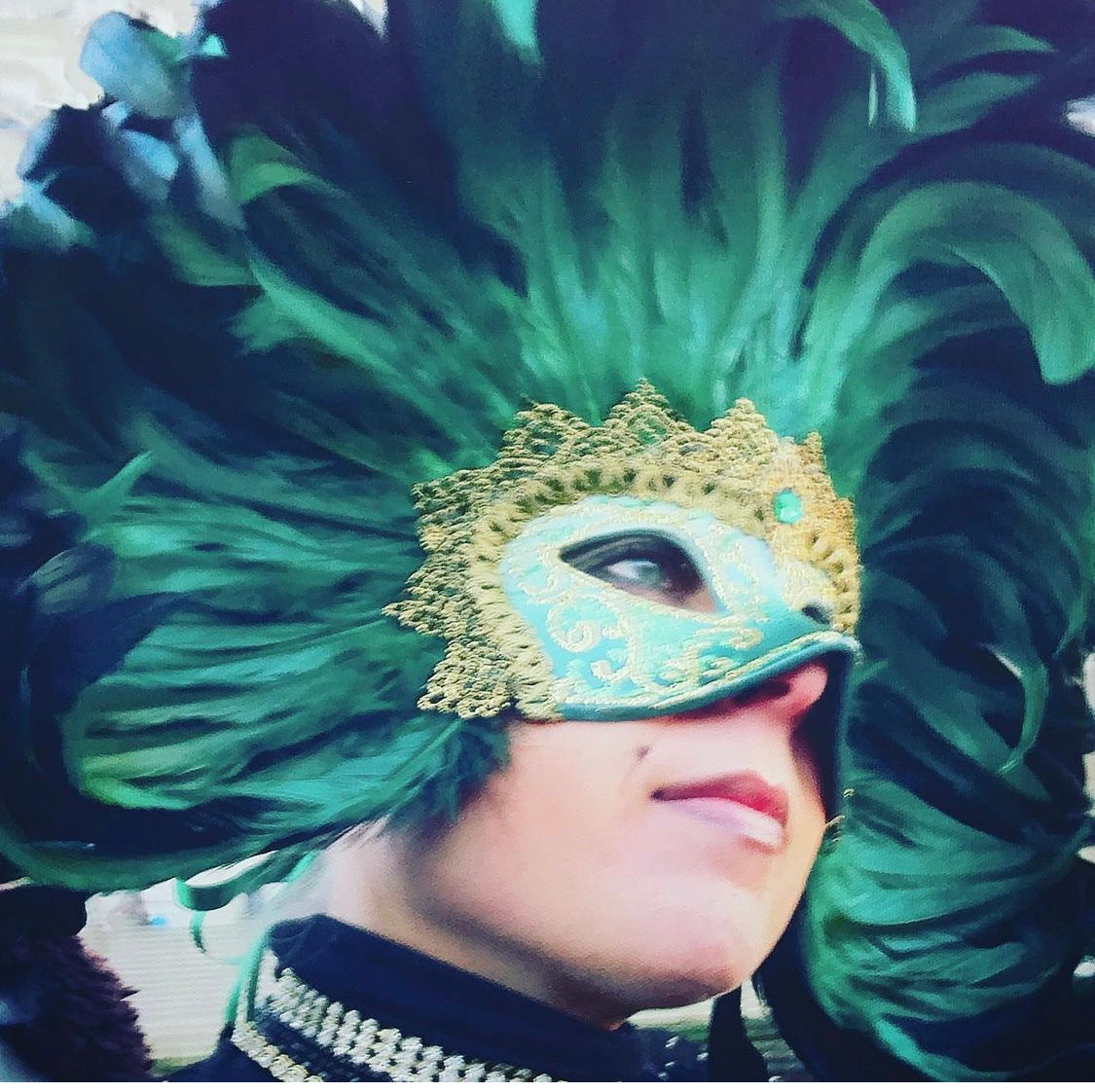 Woman wearing a feather mask at Venice carnival