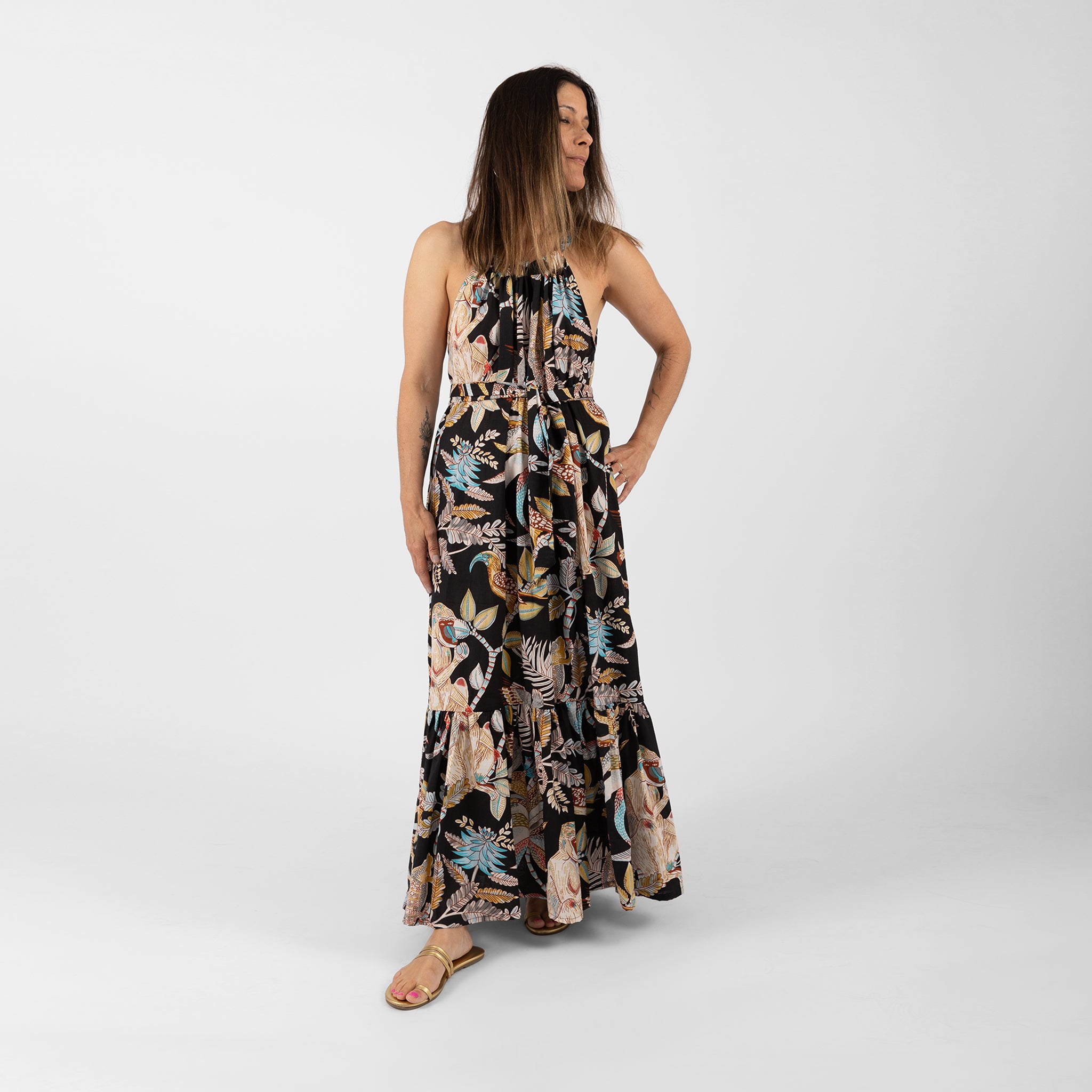 Camila wearing Suvi organic cotton maxi dress in jungle print