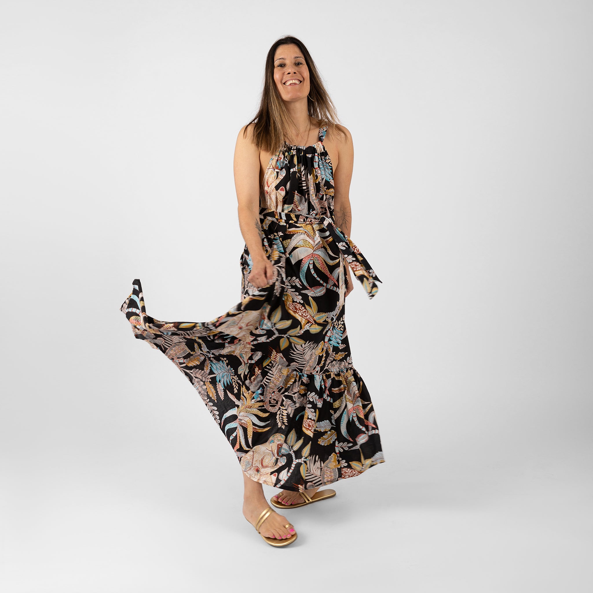 Camila wearing Suvi organic cotton maxi dress in jungle print